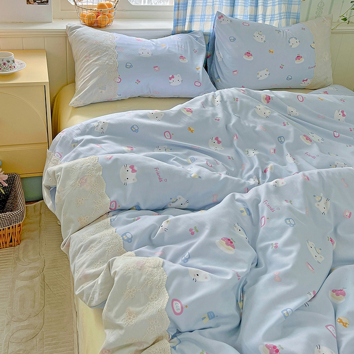 91家纺网 家纺一手货源 找家纺 海岛哥哥 2025新款韩式全棉蕾丝花边软绵绵四件套 小猫时光-蓝