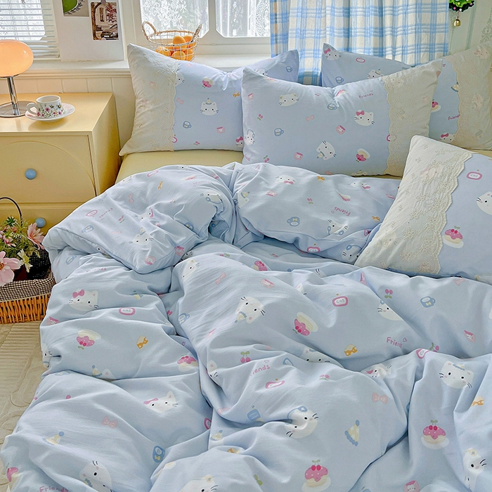 91家纺网 家纺一手货源 找家纺 港岛妹妹 2025新款韩式蕾丝花边软绵绵四件套 小猫时光-蓝