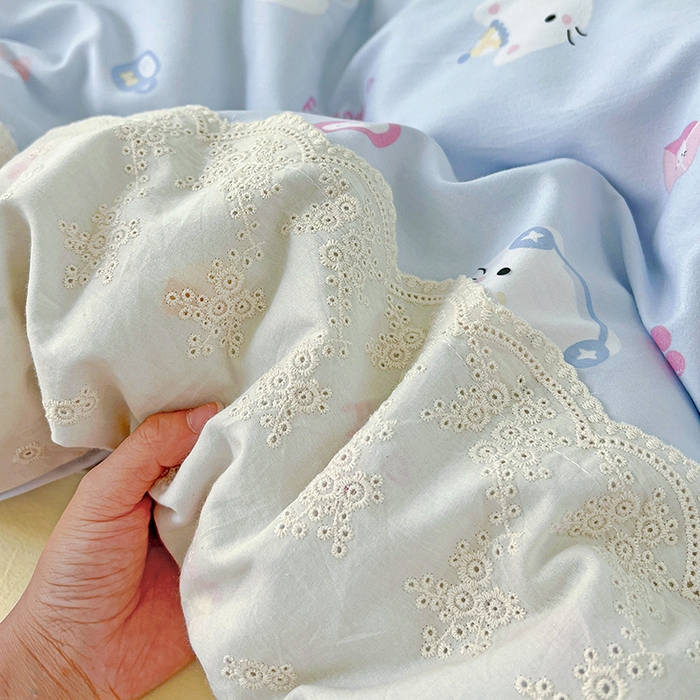 91家纺网 家纺一手货源 找家纺 港岛妹妹 2025新款韩式蕾丝花边软绵绵四件套 小猫时光-蓝