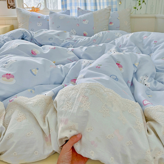 91家纺网 家纺一手货源 找家纺 港岛妹妹 2025新款韩式蕾丝花边软绵绵四件套 小猫时光-蓝