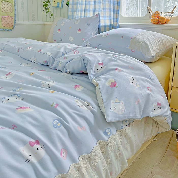 91家纺网 家纺一手货源 找家纺 港岛妹妹 2025新款韩式蕾丝花边软绵绵四件套 小猫时光-蓝