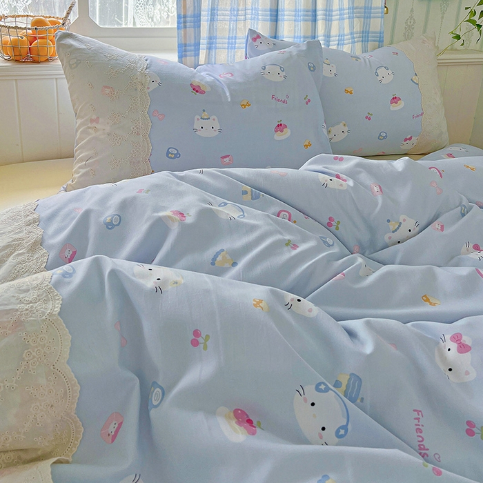 91家纺网 家纺一手货源 找家纺 港岛妹妹 2025新款韩式蕾丝花边软绵绵四件套 小猫时光-蓝