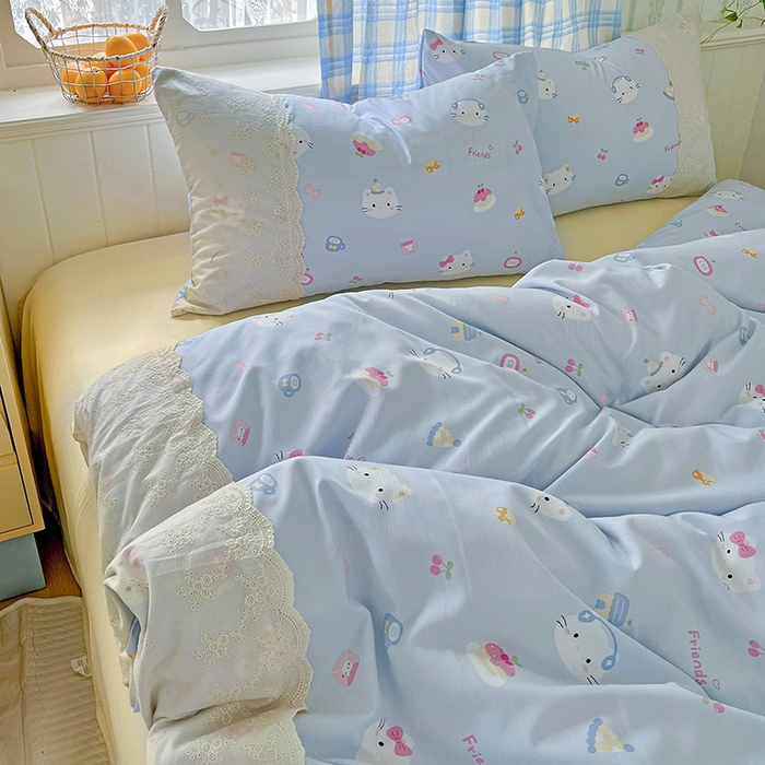 91家纺网 家纺一手货源 找家纺 港岛妹妹 2025新款韩式蕾丝花边软绵绵四件套 小猫时光-蓝