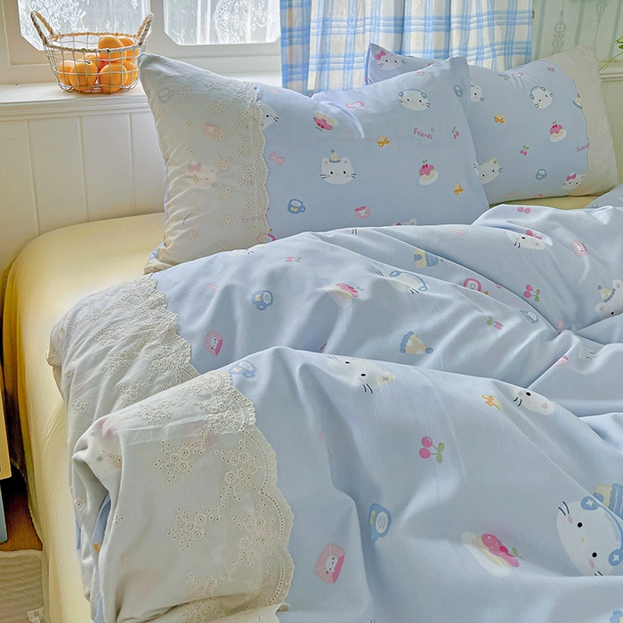 91家纺网 家纺一手货源 找家纺 港岛妹妹 2025新款韩式蕾丝花边软绵绵四件套 小猫时光-蓝