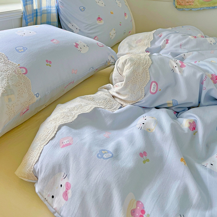 91家纺网 家纺一手货源 找家纺 港岛妹妹 2025新款韩式蕾丝花边软绵绵四件套 小猫时光-蓝