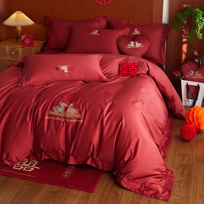 91家纺网 家纺一手货源 找家纺 风向标家纺 2025新款婚A类100S长绒棉纯棉贡缎婚庆四件套 欢喜鸳鸯
