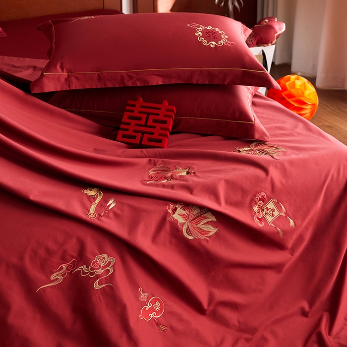 91家纺网 家纺一手货源 找家纺 风向标家纺 2025新款婚A类100S长绒棉纯棉贡缎婚庆四件套 金玉满堂