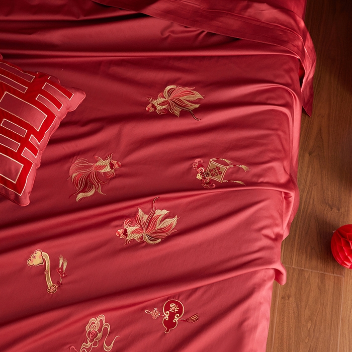 91家纺网 家纺一手货源 找家纺 风向标家纺 2025新款婚A类100S长绒棉纯棉贡缎婚庆四件套 金玉满堂