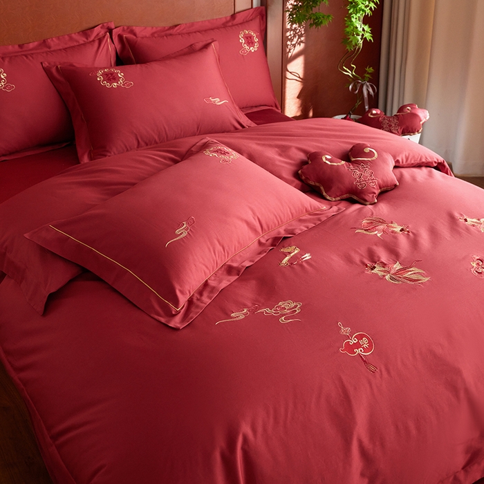 91家纺网 家纺一手货源 找家纺 风向标家纺 2025新款婚A类100S长绒棉纯棉贡缎婚庆四件套 金玉满堂