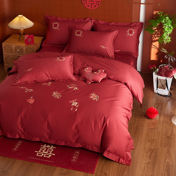 91家纺网 家纺一手货源 找家纺 风向标家纺 2025新款婚A类100S长绒棉纯棉贡缎婚庆四件套 金玉满堂