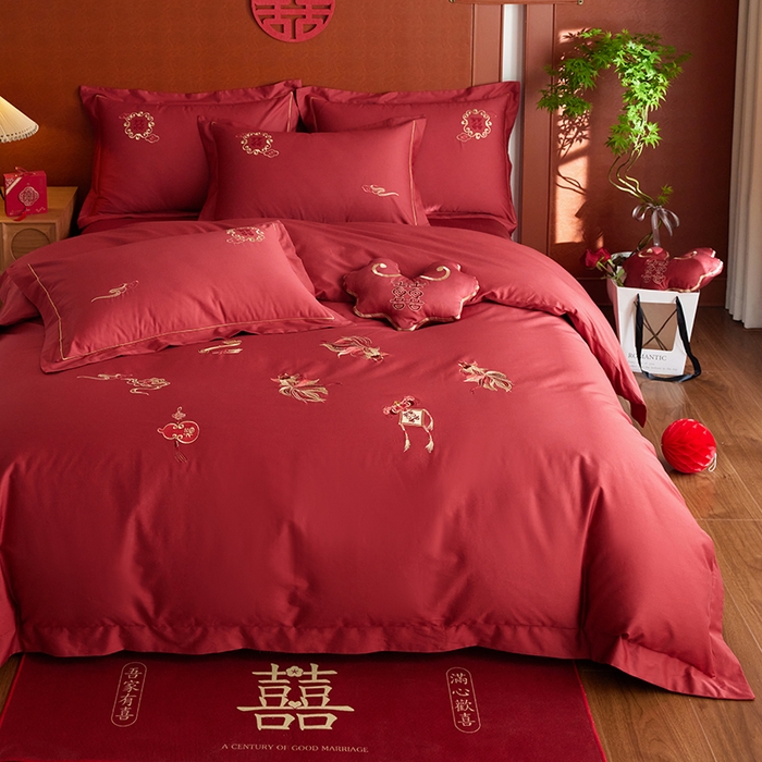 91家纺网 家纺一手货源 找家纺 风向标家纺 2025新款婚A类100S长绒棉纯棉贡缎婚庆四件套 金玉满堂