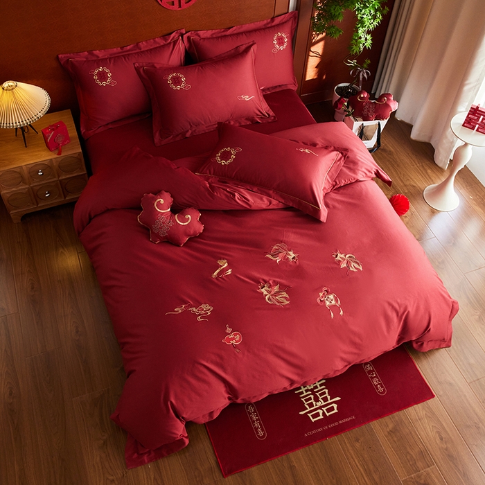 91家纺网 家纺一手货源 找家纺 风向标家纺 2025新款婚A类100S长绒棉纯棉贡缎婚庆四件套 金玉满堂