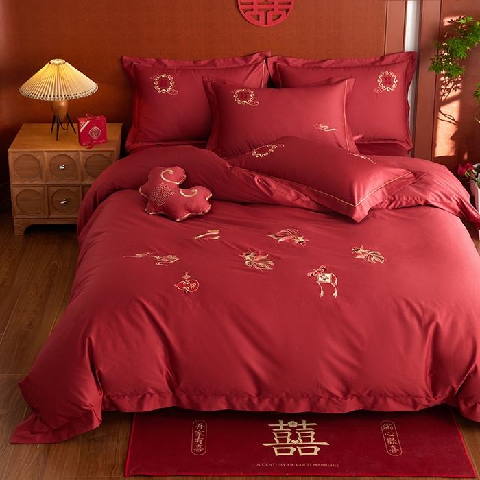 91家纺网 家纺一手货源 找家纺 风向标家纺 2025新款婚A类100S长绒棉纯棉贡缎婚庆四件套 金玉满堂