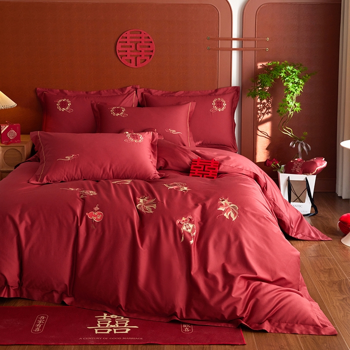 91家纺网 家纺一手货源 找家纺 风向标家纺 2025新款婚A类100S长绒棉纯棉贡缎婚庆四件套 金玉满堂