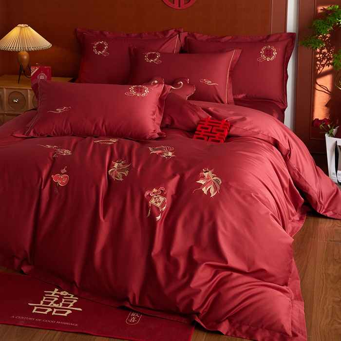 91家纺网 家纺一手货源 找家纺 风向标家纺 2025新款婚A类100S长绒棉纯棉贡缎婚庆四件套 金玉满堂