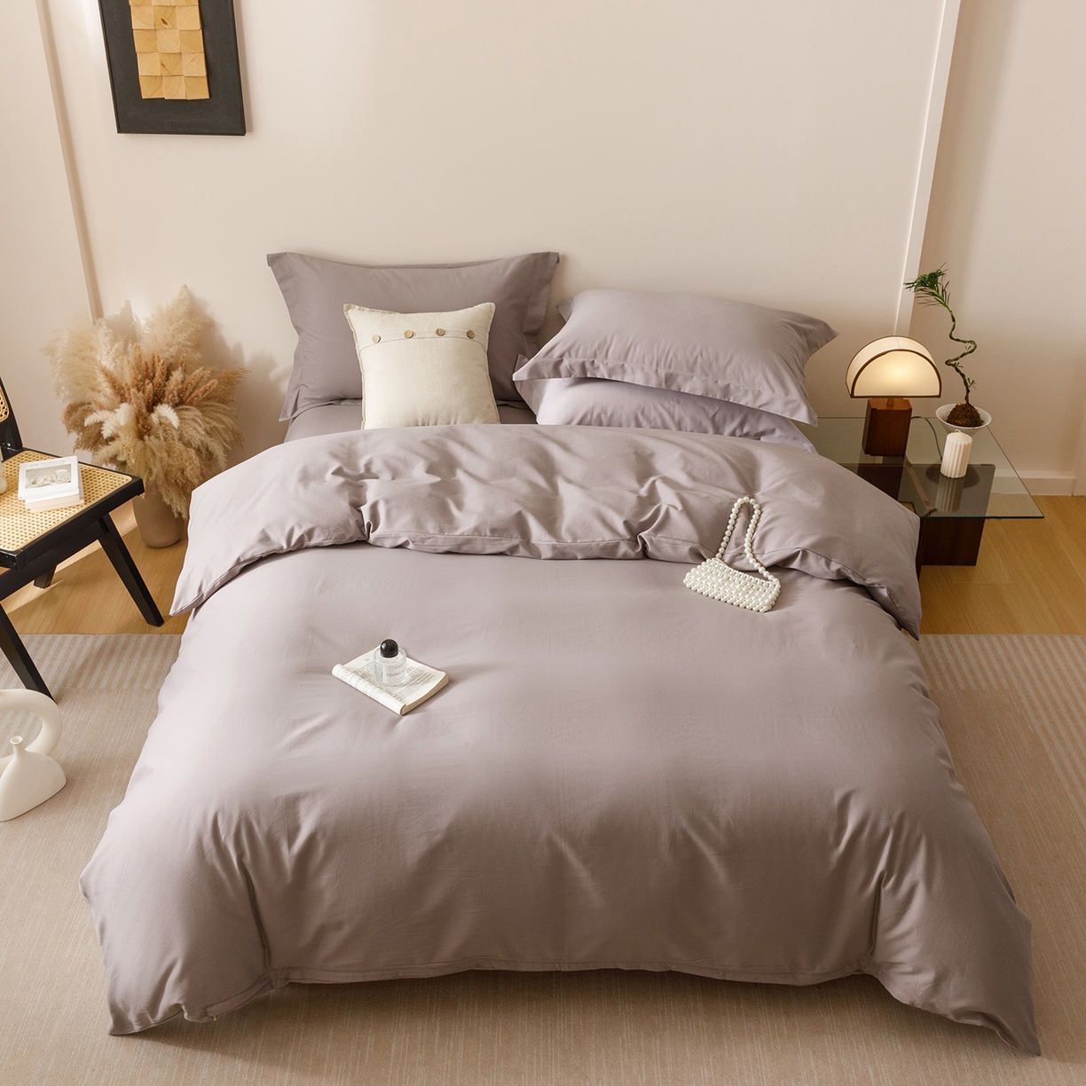 91家纺网 家纺一手货源 找家纺 爱思佳 2025新款A类全棉60s长绒棉纯棉磨毛纯色拼色系列四件套 丁香紫