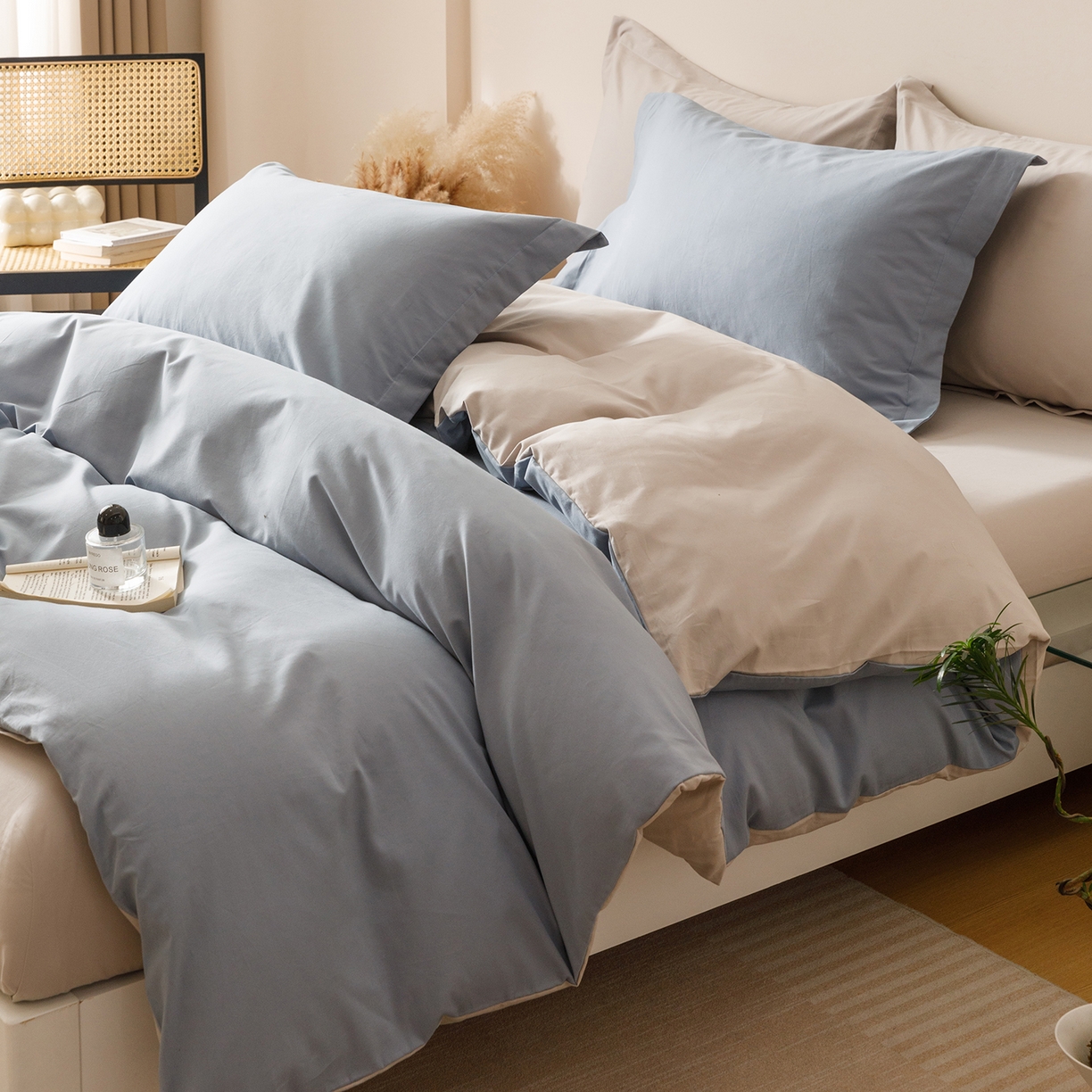 爱思佳 2025新款A类全棉60s长绒棉纯棉磨毛纯色拼色系列四件套 海蓝灰