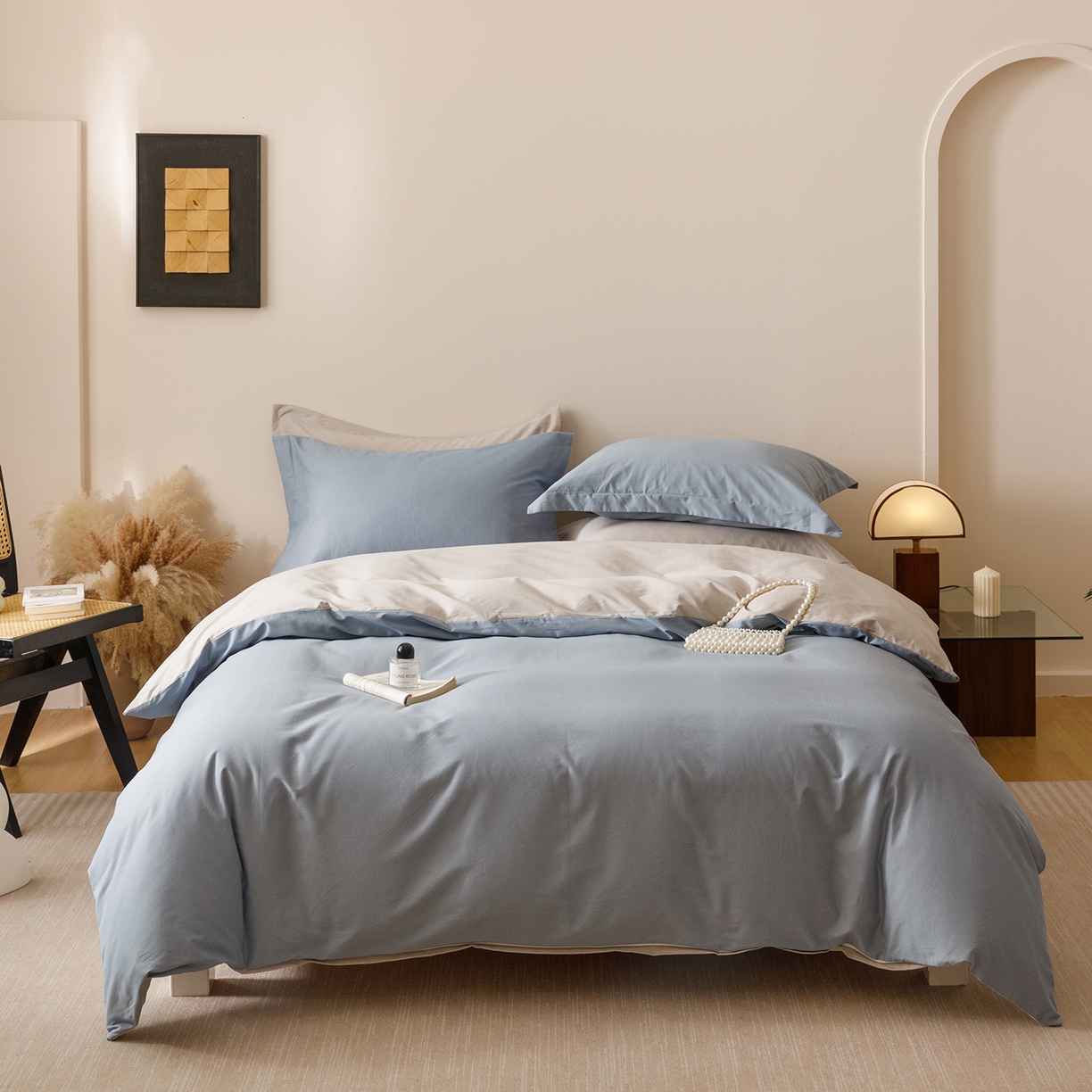 91家纺网 家纺一手货源 找家纺 爱思佳 2025新款A类全棉60s长绒棉纯棉磨毛纯色拼色系列四件套 海蓝灰