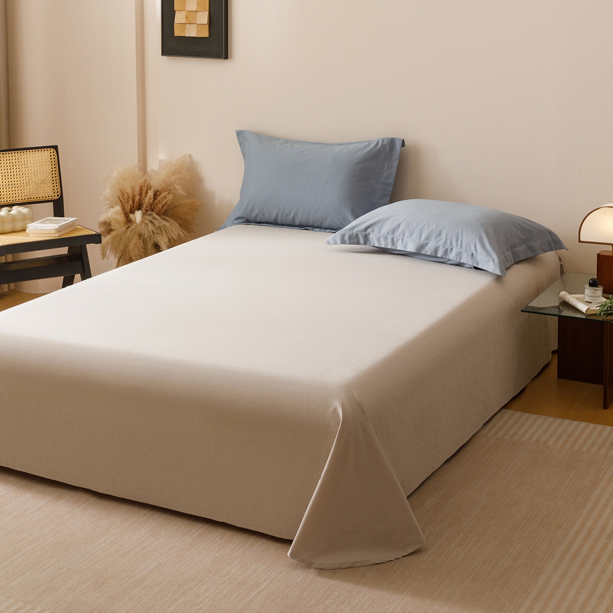 91家纺网 家纺一手货源 找家纺 爱思佳 2025新款A类全棉60s长绒棉纯棉磨毛纯色拼色系列四件套 海蓝灰