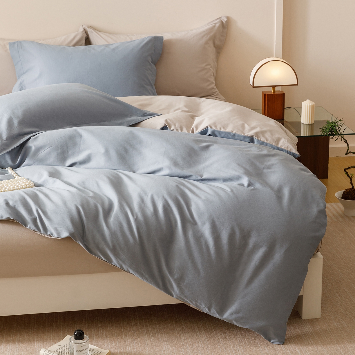 91家纺网 家纺一手货源 找家纺 爱思佳 2025新款A类全棉60s长绒棉纯棉磨毛纯色拼色系列四件套 海蓝灰