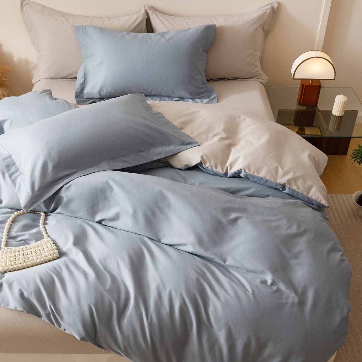 91家纺网 家纺一手货源 找家纺 爱思佳 2025新款A类全棉60s长绒棉纯棉磨毛纯色拼色系列四件套 海蓝灰