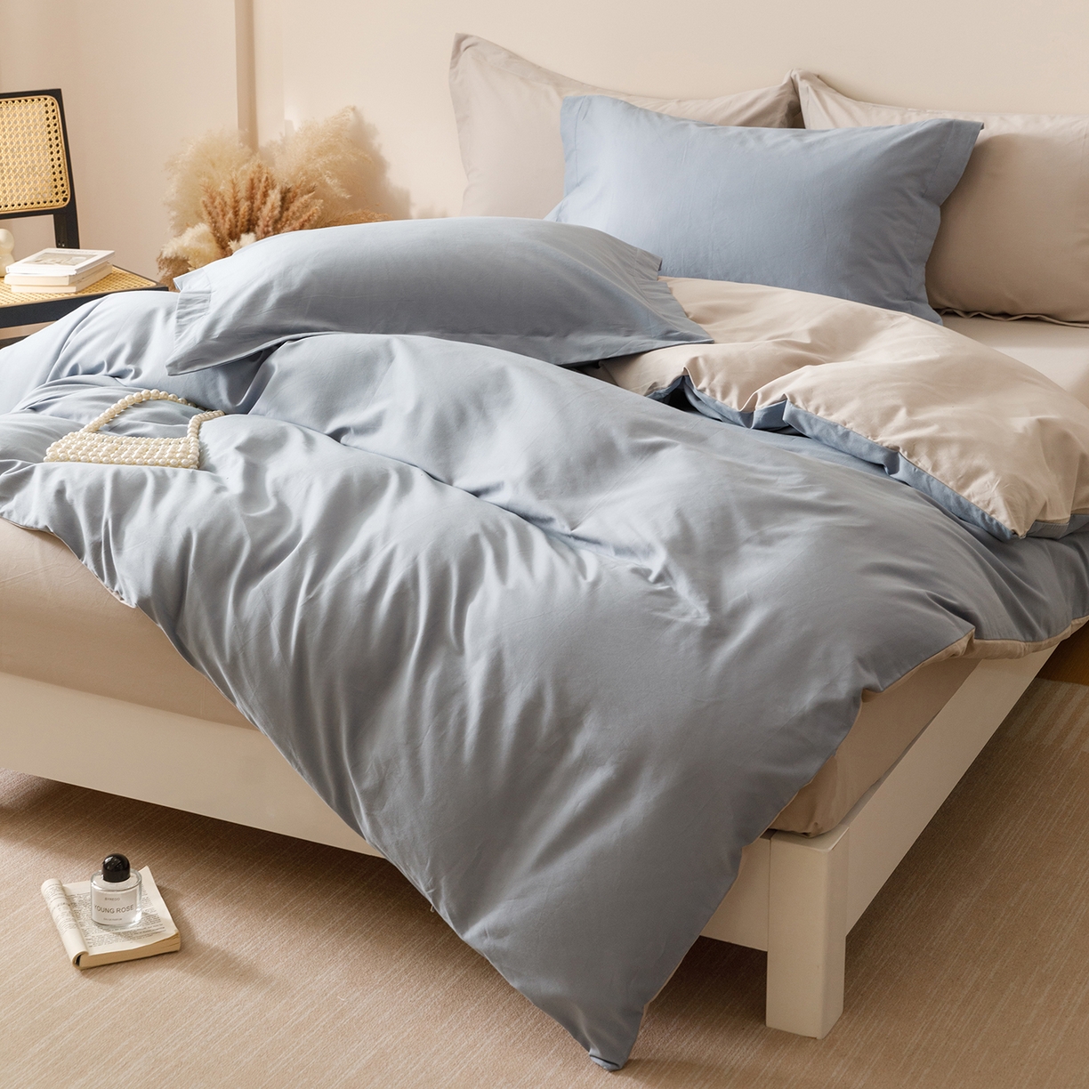 91家纺网 家纺一手货源 找家纺 爱思佳 2025新款A类全棉60s长绒棉纯棉磨毛纯色拼色系列四件套 海蓝灰