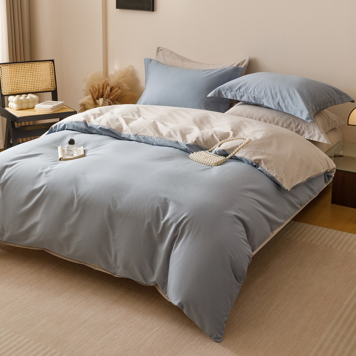 91家纺网 家纺一手货源 找家纺 爱思佳 2025新款A类全棉60s长绒棉纯棉磨毛纯色拼色系列四件套 海蓝灰