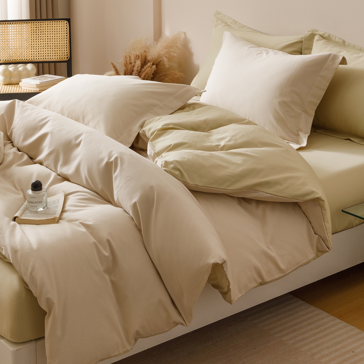 爱思佳 2025新款A类全棉60s长绒棉纯棉磨毛纯色拼色系列四件套 浅米黄