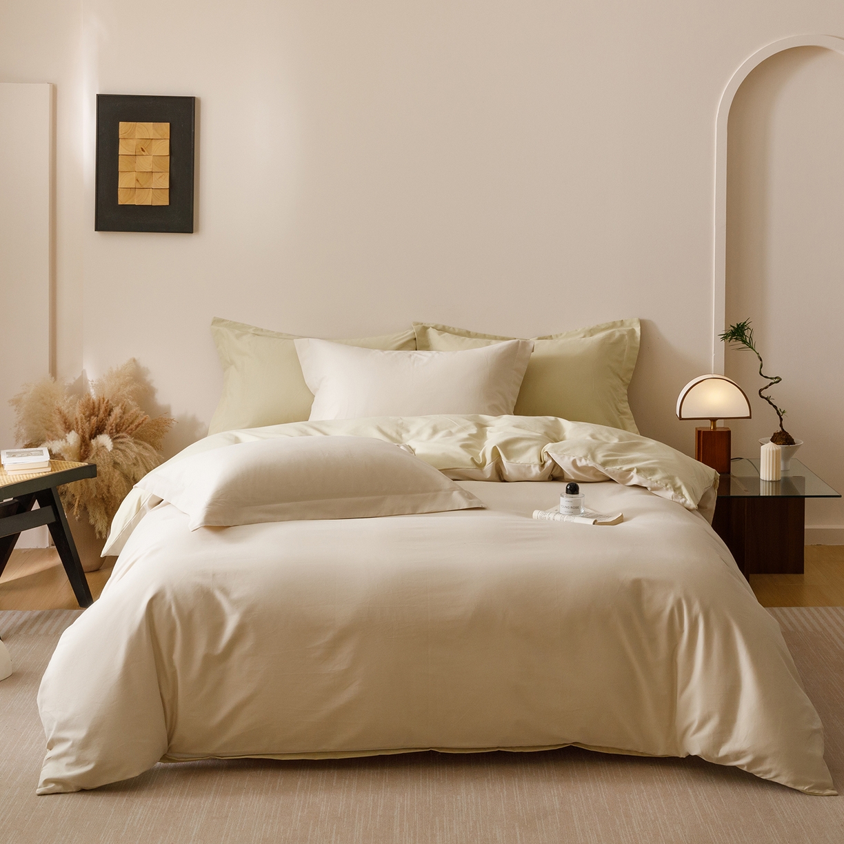 91家纺网 家纺一手货源 找家纺 爱思佳 2025新款A类全棉60s长绒棉纯棉磨毛纯色拼色系列四件套 浅米黄