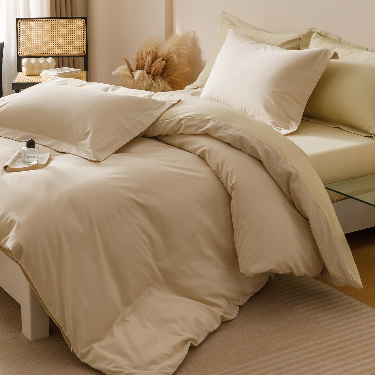 91家纺网 家纺一手货源 找家纺 爱思佳 2025新款A类全棉60s长绒棉纯棉磨毛纯色拼色系列四件套 浅米黄