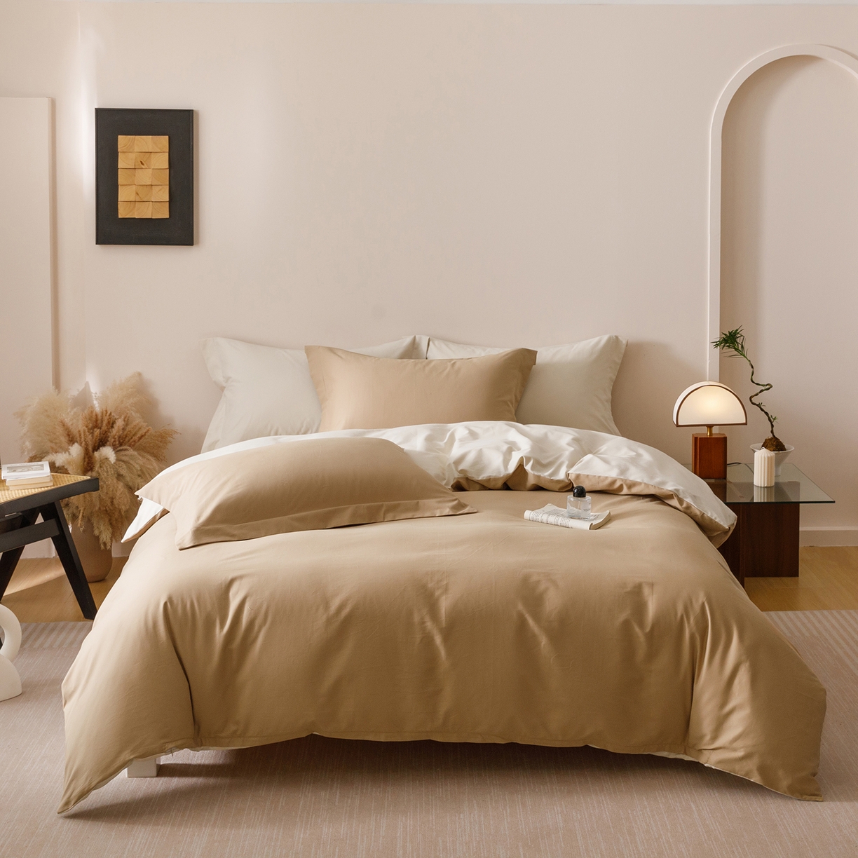 91家纺网 家纺一手货源 找家纺 爱思佳 2025新款A类全棉60s长绒棉纯棉磨毛纯色拼色系列四件套 肉桂拿铁