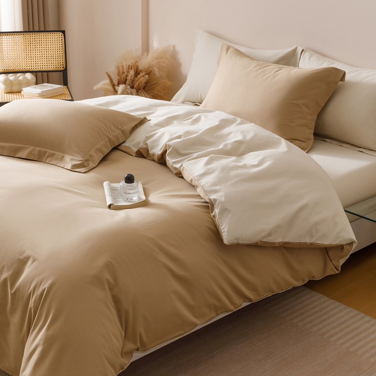 91家纺网 家纺一手货源 找家纺 爱思佳 2025新款A类全棉60s长绒棉纯棉磨毛纯色拼色系列四件套 肉桂拿铁