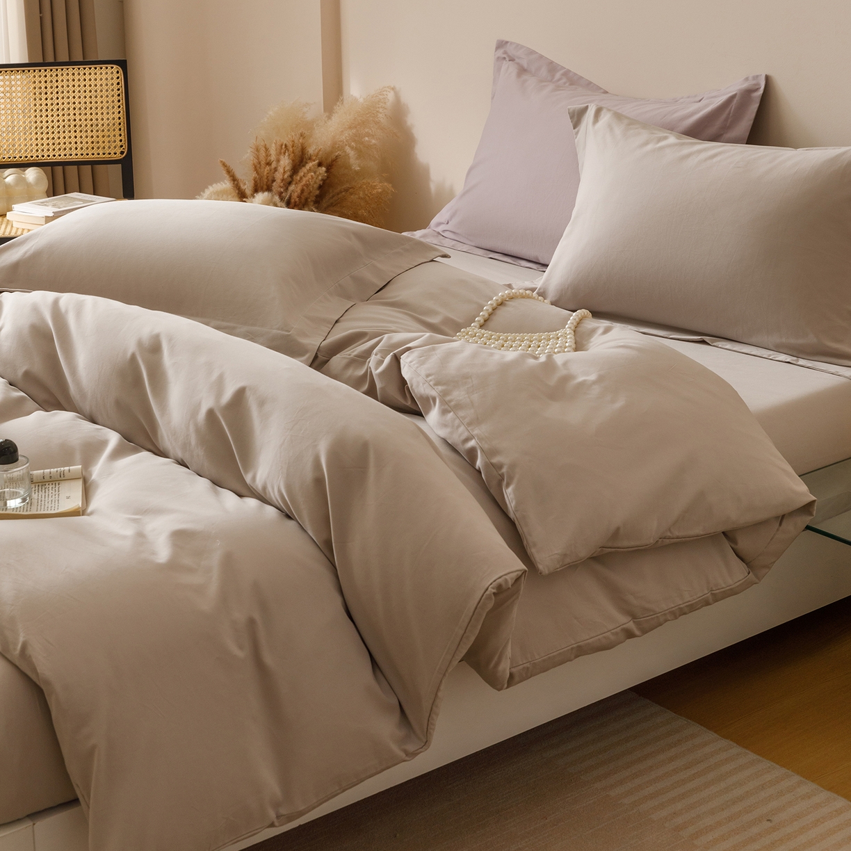 爱思佳 2025新款A类全棉60s长绒棉纯棉磨毛纯色拼色系列四件套 绅士灰