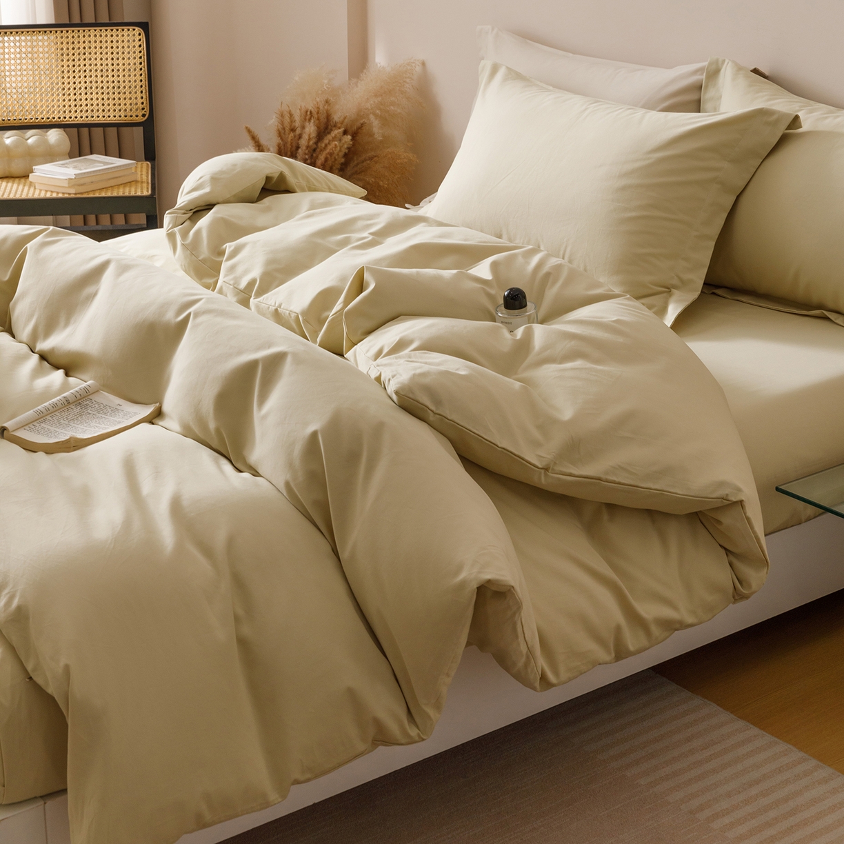 爱思佳 2025新款A类全棉60s长绒棉纯棉磨毛纯色拼色系列四件套 杏黄