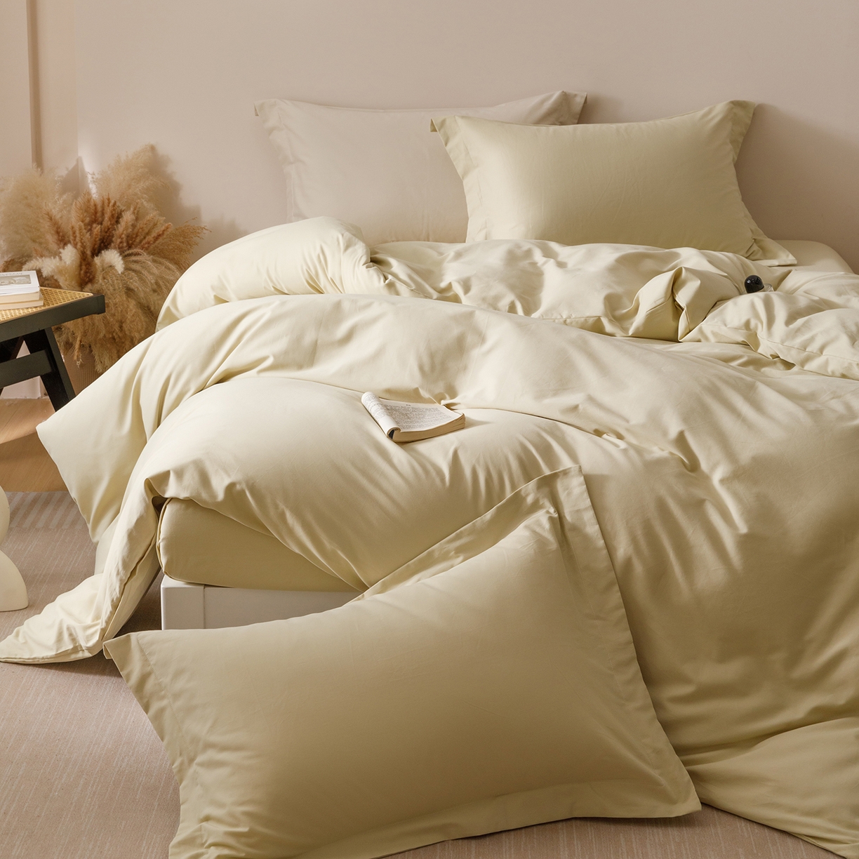 91家纺网 家纺一手货源 找家纺 爱思佳 2025新款A类全棉60s长绒棉纯棉磨毛纯色拼色系列四件套 杏黄