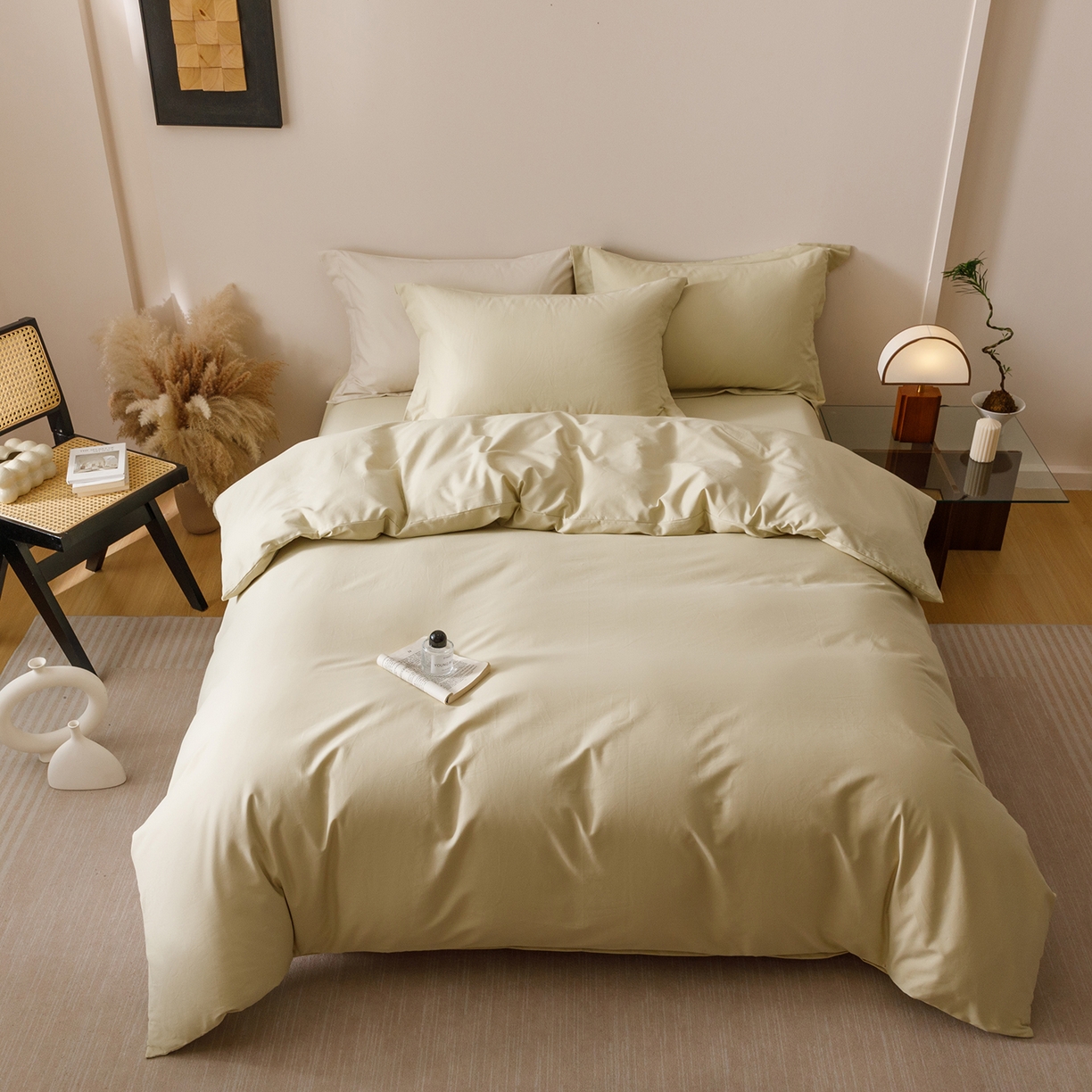 91家纺网 家纺一手货源 找家纺 爱思佳 2025新款A类全棉60s长绒棉纯棉磨毛纯色拼色系列四件套 杏黄