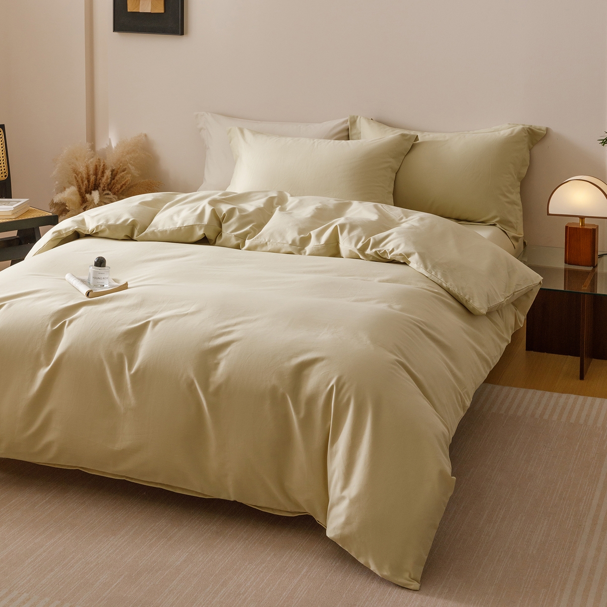 91家纺网 家纺一手货源 找家纺 爱思佳 2025新款A类全棉60s长绒棉纯棉磨毛纯色拼色系列四件套 杏黄