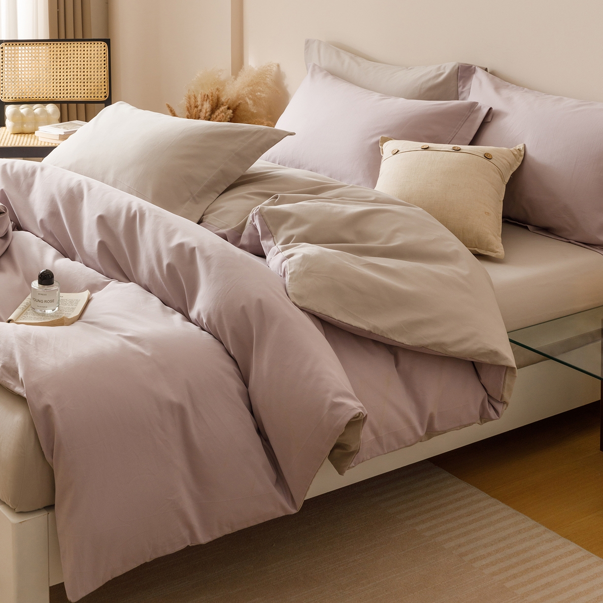 爱思佳 2025新款A类全棉60s长绒棉纯棉磨毛纯色拼色系列四件套 紫雾灰