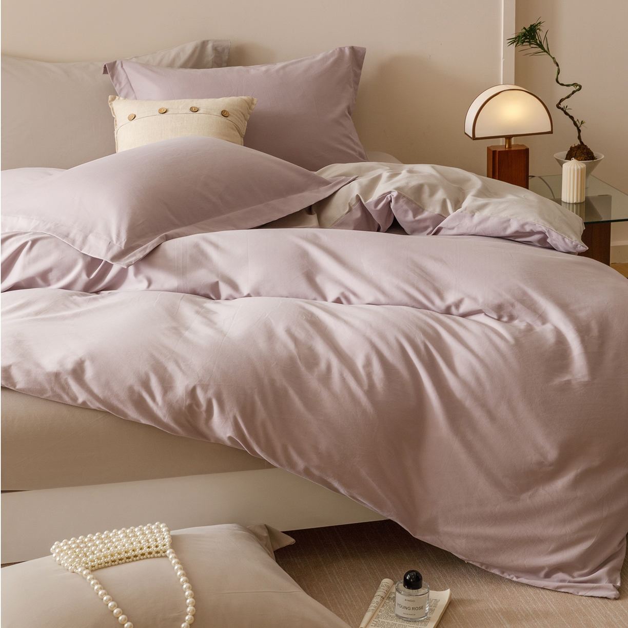 91家纺网 家纺一手货源 找家纺 爱思佳 2025新款A类全棉60s长绒棉纯棉磨毛纯色拼色系列四件套 紫雾灰