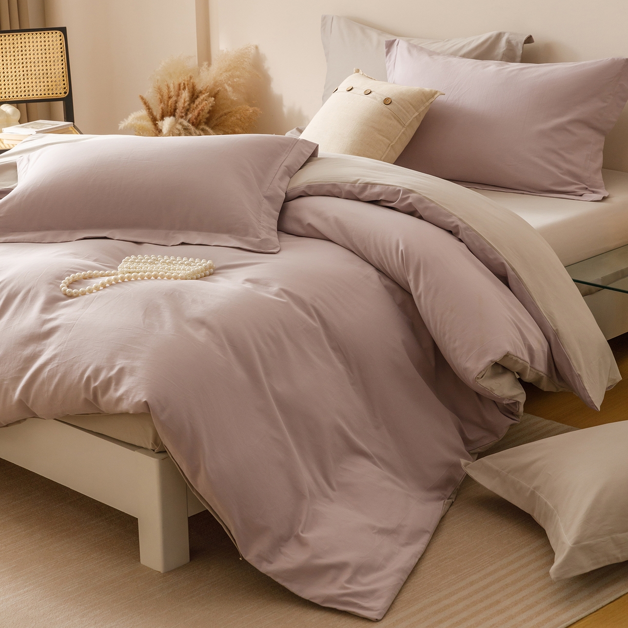 91家纺网 家纺一手货源 找家纺 爱思佳 2025新款A类全棉60s长绒棉纯棉磨毛纯色拼色系列四件套 紫雾灰