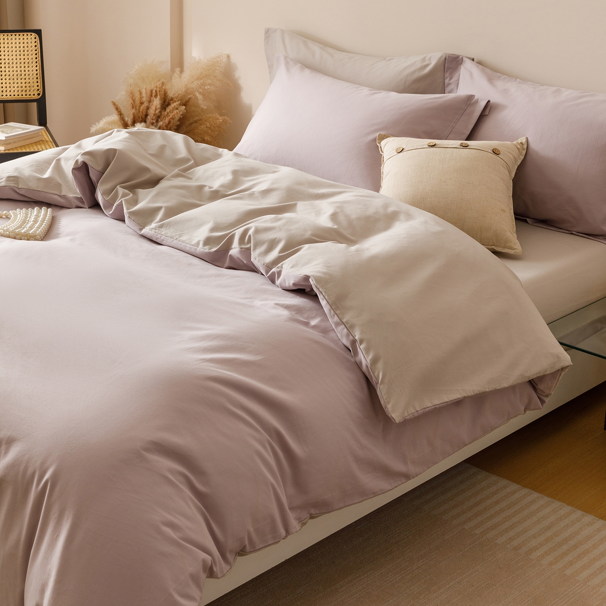 91家纺网 家纺一手货源 找家纺 爱思佳 2025新款A类全棉60s长绒棉纯棉磨毛纯色拼色系列四件套 紫雾灰