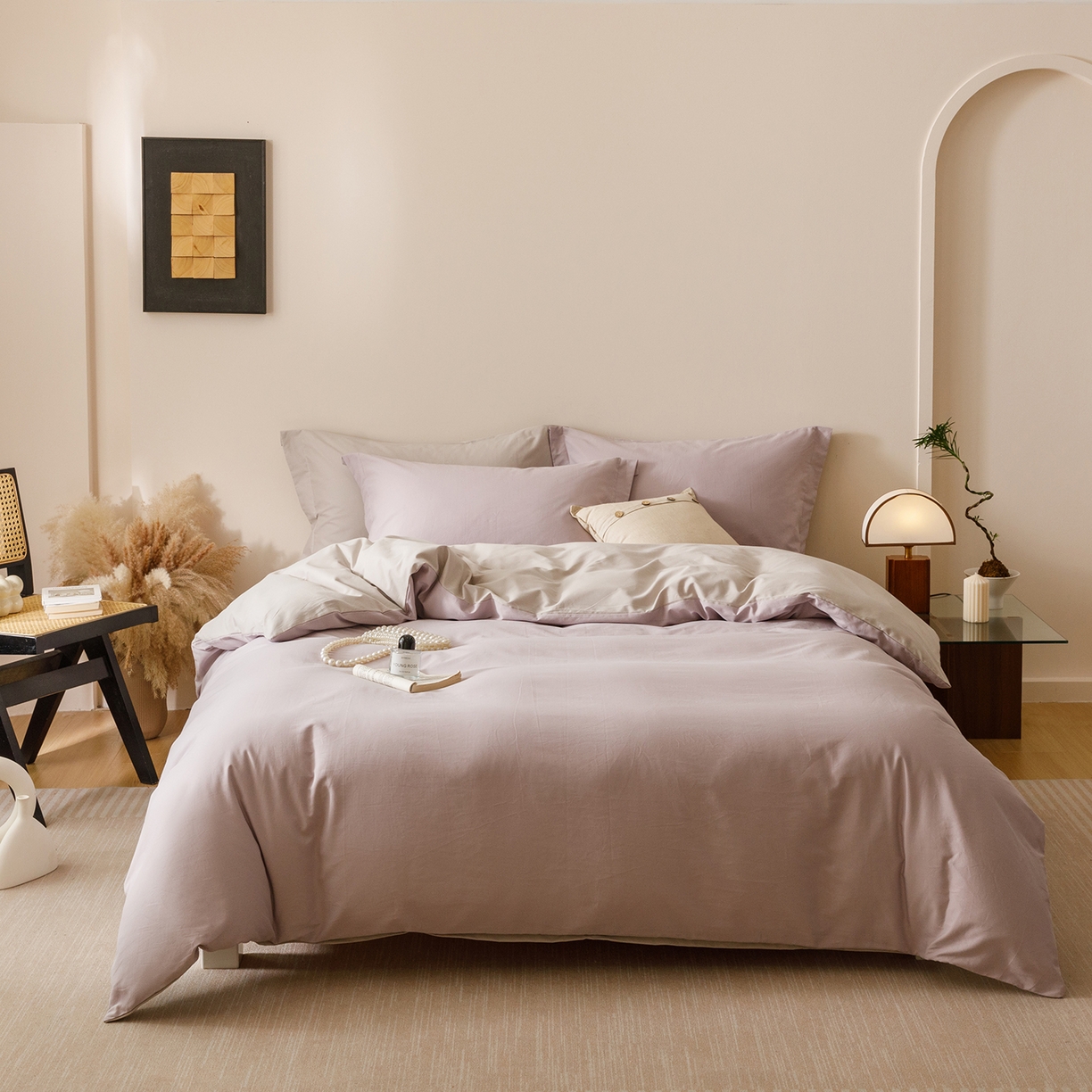 91家纺网 家纺一手货源 找家纺 爱思佳 2025新款A类全棉60s长绒棉纯棉磨毛纯色拼色系列四件套 紫雾灰