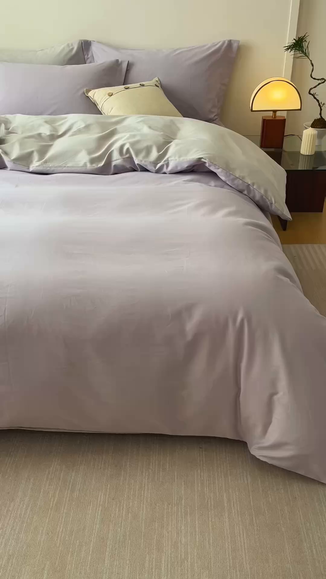 91家纺网 家纺一手货源 找家纺 爱思佳 2025新款A类全棉60s长绒棉纯棉磨毛纯色拼色系列四件套 紫雾灰