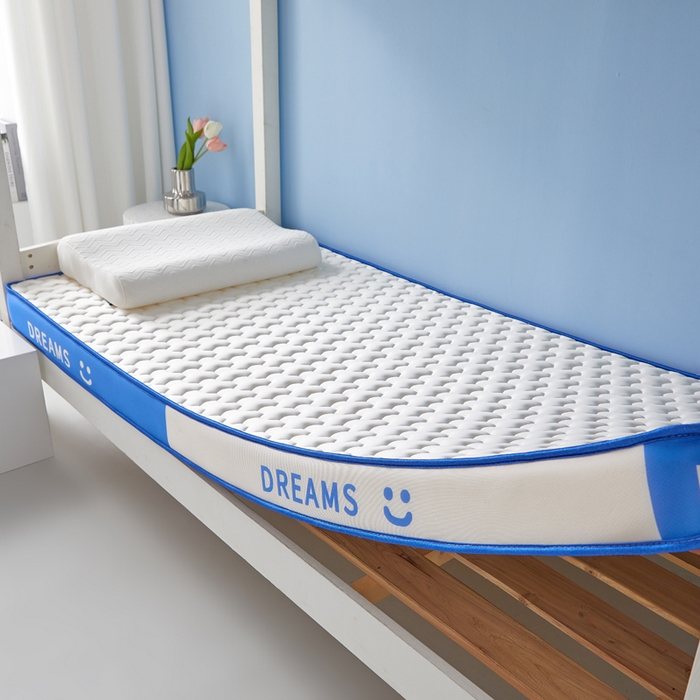 91家纺网 家纺一手货源 找家纺 暖季家纺 2025新款双拼色牛奶丝针织棉立体海绵三菱格学生床垫 立体蓝白三菱格