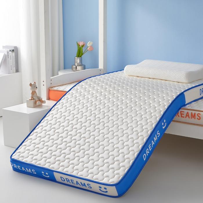 91家纺网 家纺一手货源 找家纺 暖季家纺 2025新款双拼色牛奶丝针织棉立体海绵三菱格学生床垫 立体蓝白三菱格