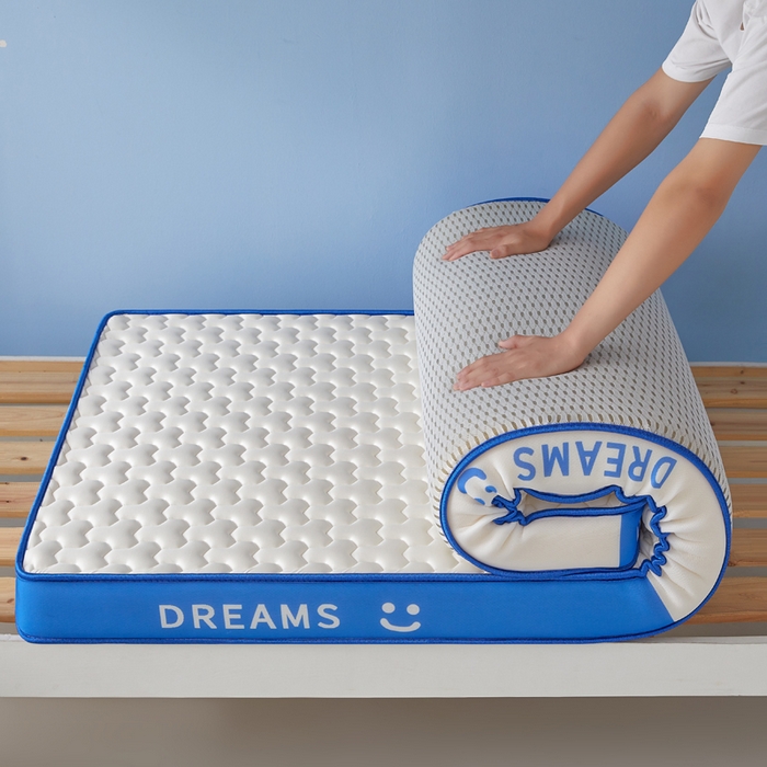 91家纺网 家纺一手货源 找家纺 暖季家纺 2025新款双拼色牛奶丝针织棉立体海绵三菱格学生床垫 立体蓝白三菱格