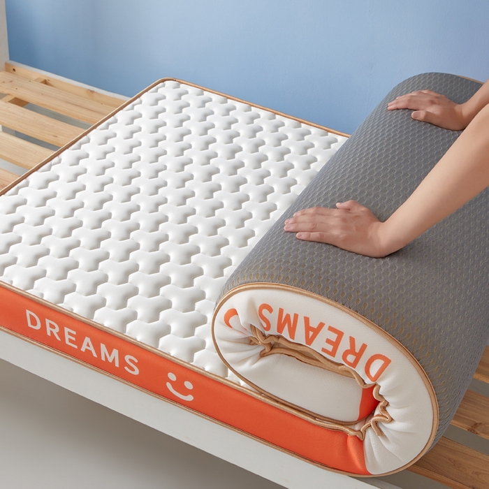 91家纺网 家纺一手货源 找家纺 暖季家纺 2025新款双拼色牛奶丝针织棉立体海绵三菱格学生床垫 立体橙白三菱格