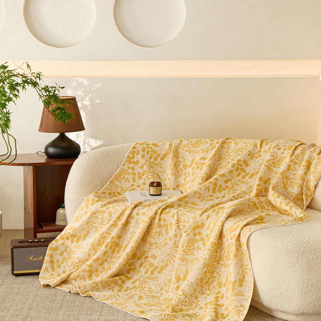 安莱生活2025新款双层纱多功能盖毯床盖三件套 新栀子花-黄