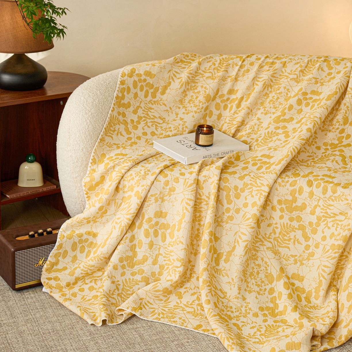 91家纺网 家纺一手货源 找家纺 安莱生活2025新款双层纱多功能盖毯床盖三件套 新栀子花-黄