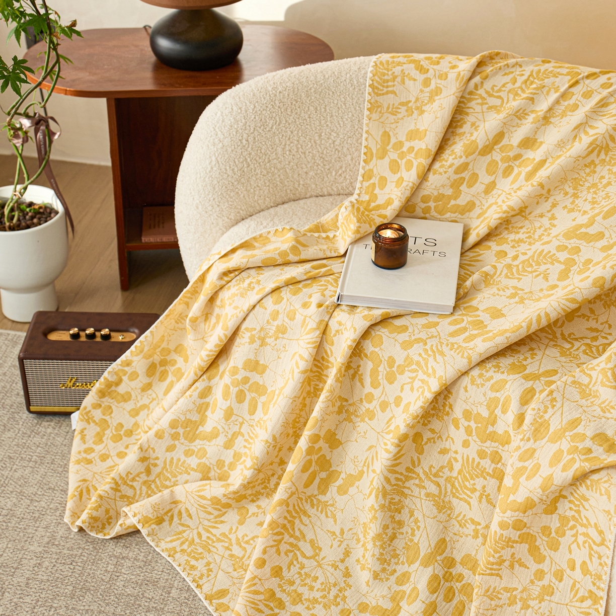 91家纺网 家纺一手货源 找家纺 安莱生活2025新款双层纱多功能盖毯床盖三件套 新栀子花-黄